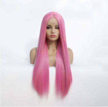 Peruca de moda europea y americana rosa larga pelo recto fibra química frente encaje cubierta de cabeza LW0213