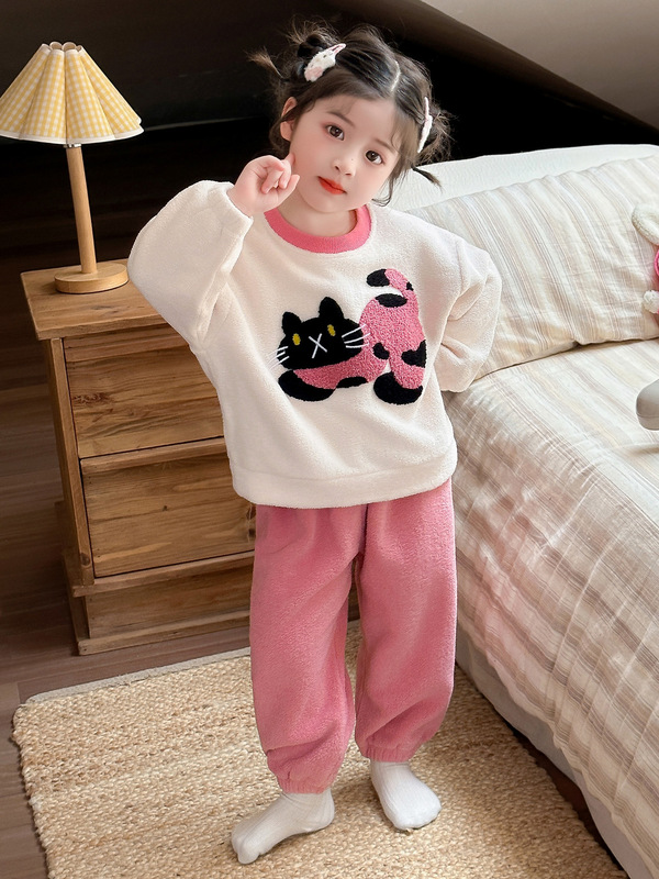 女童卡通法兰绒睡衣秋冬装2025新款儿童珊瑚绒家居服宝宝可爱套装|undefined