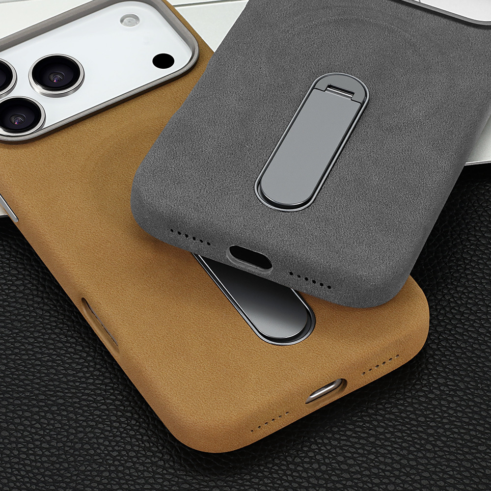 Ốp lưng iPhone 16/17 Pro da lộn từ tính có chân đứng ẩn — màu đen, nâu, màu xám, Kaki chi tiết 13