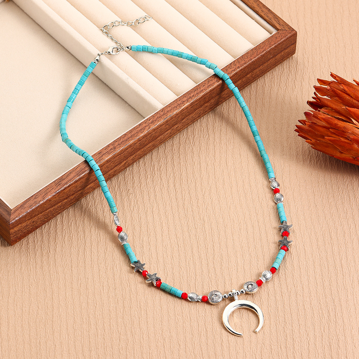 Alloy, Turquoise Chain Material Beaded Chain Chain Type 1 Piece Quantity Retro Bohemian Geometric Alloy Turquoise Beaded Chain Lobster Trigger Clasp Closure Beaded Necklaces Wholesale