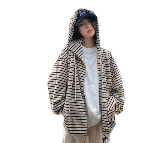 American Retro Striped Hooded Sweatshirt for Women - Spring and Autumn Season Lazy Style Zipper Thin Casual Open Top Coat for Women