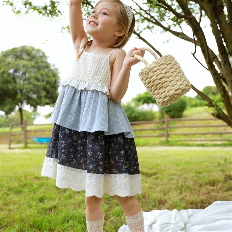 Qianqiu vestidos de cabina de chicas verano nuevos niños flores cortas pastel vestido de estilo de vacaciones