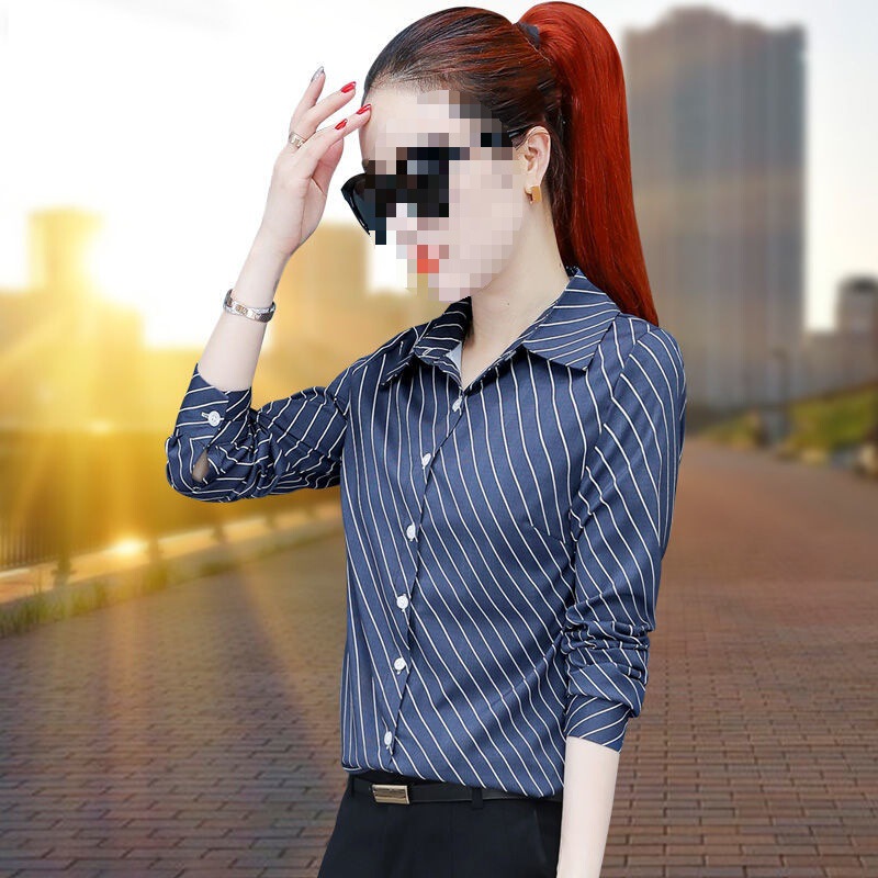 条纹衬衫女长袖春装新款2025百搭修身职业装白衬衣雪纺衫气质上衣|undefined