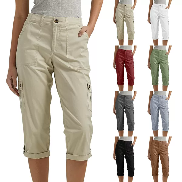 2024 Women's New Solid Color Multi-Pocket Cropped Casual Pants
