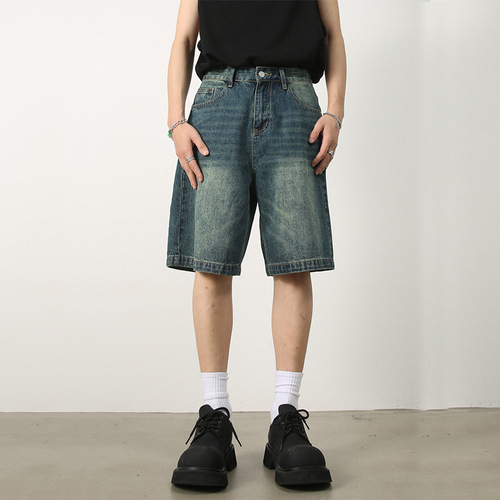 Summer new American retro distressed blue denim shorts men's loose straight-leg five-pocket pants versatile hot pants trendy brand