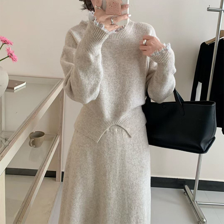 2025秋冬新款复古高级感软糯开叉花边长袖毛衣女+高腰针织半身裙|undefined