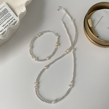 个性时尚优雅气质轻奢风S925银巴洛克珍珠银圆珠手链项链通体银