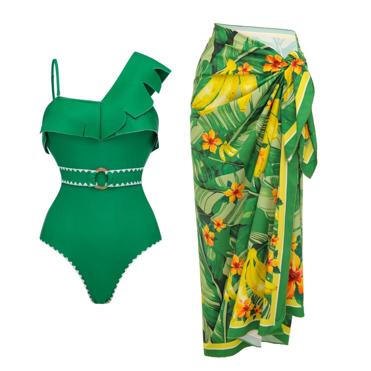 One-Shoulder Ruffle Monokini Swimsuit - Eco-Friendly Quick-Dry Swimwear Set With Sarong (Green Floral/Solid, Sizes S-XL)_ecoleips.com