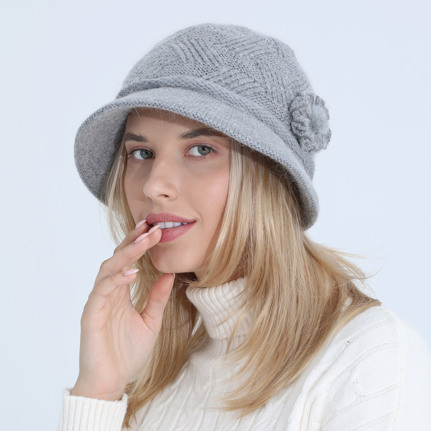 Gestrickte Damen Mütze Mit Kaninchenhaar Warm Für Den Winter_voghion.com