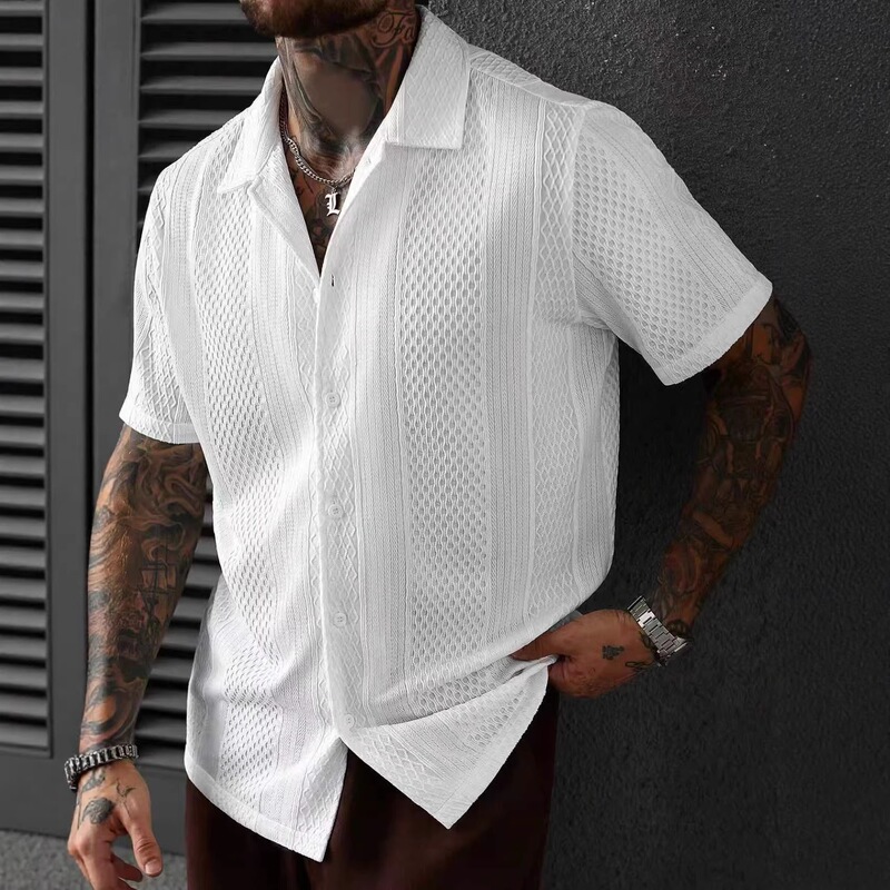 Cross-border popular men's short-sleeve shirt, solid color knitted hollow-out French-style collar, breathable summer European and American style shirt for men Cross-border popular men's short-sleeve shirt, solid color knitted hollow-out French-style collar, breathable summer European and American style shirt for men