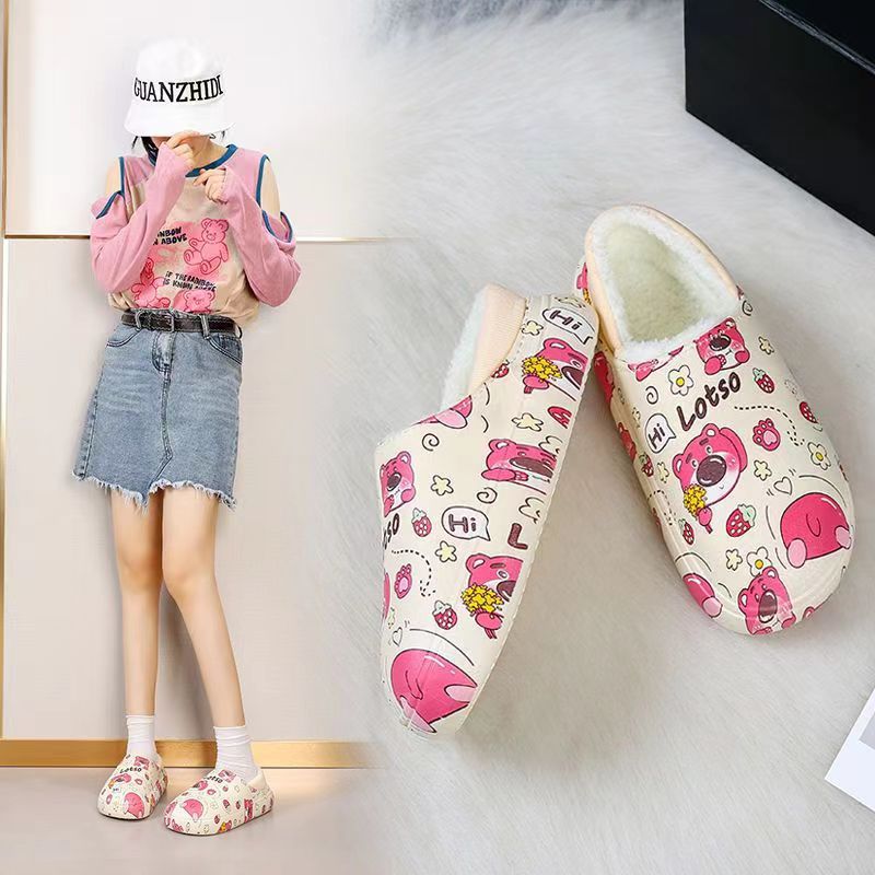 卡通居家鞋防滑防水包头室内外可爱女士加绒月子保暖棉拖鞋女冬天|ru