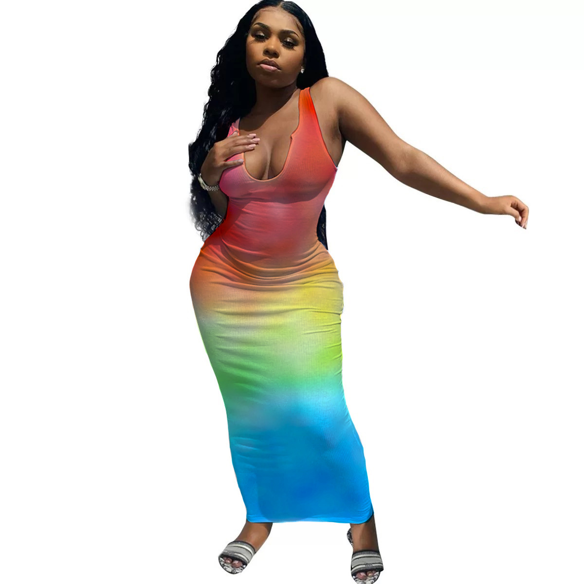 sexy three-color gradient camisole deep V-neck slim long dress NSYF62641