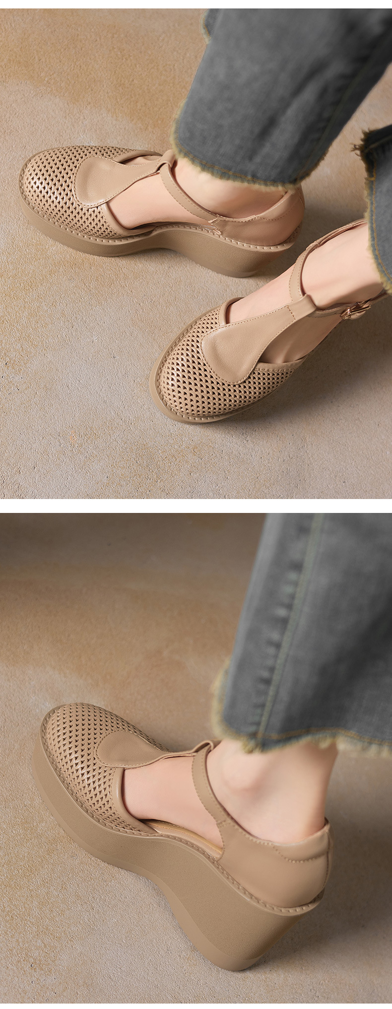 Sandal cao gót nữ đế dày 9.5 cm quai khóa chữ T phong cách tổ chim — màu trắng ngà chi tiết 5