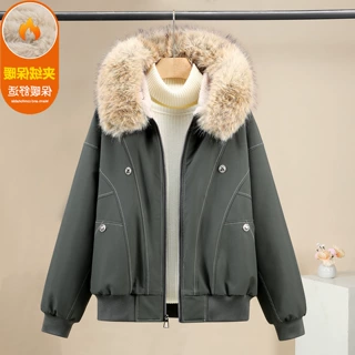座山雕美式复古大毛领棉服女2025年新款棉衣冬季宽松加绒加厚棉袄