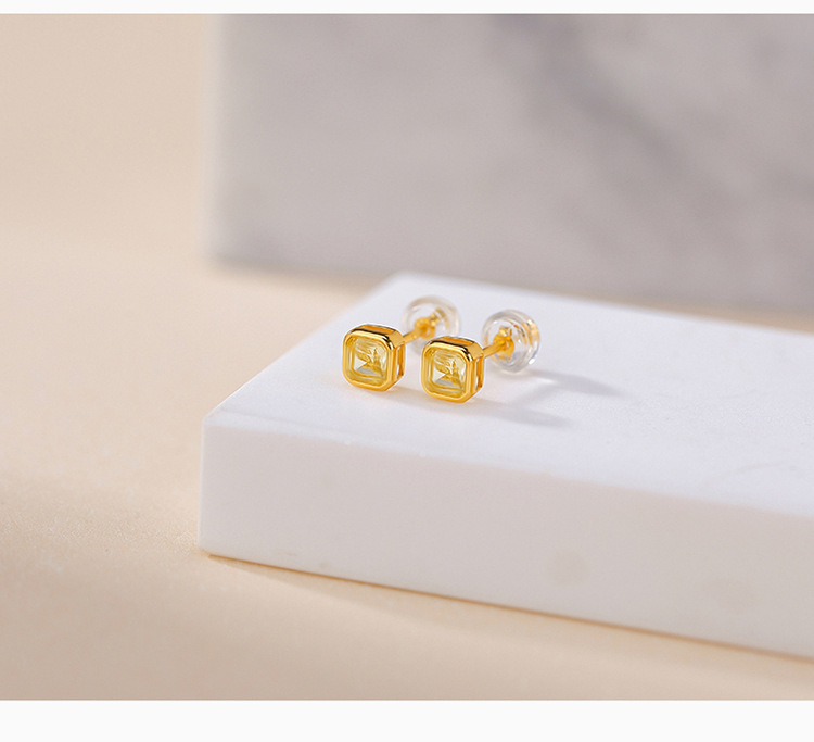 Bông tai bạc S925 mạ vàng đính đá thạch anh tím mặt cắt vuông — Kiểu citrine màu vàng chi tiết 7