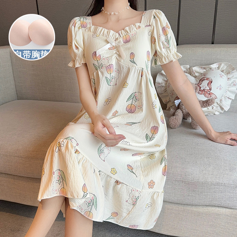 Summer New Style Nightgown for Women, Woven Cloud Cotton with Chest Pads, Sweet Princess Style Mid-Length Pajamas, Home Wear Summer New Style Nightgown for Women, Woven Cloud Cotton with Chest Pads, Sweet Princess Style Mid-Length Pajamas, Home Wear