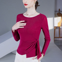 秋季新款不规则收腰遮肚女上衣圆领长袖T恤打底衫弹力网纱小衫