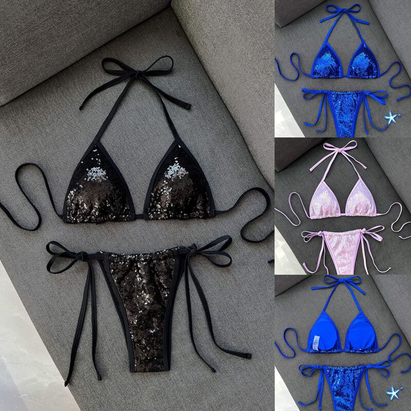 2026 European and American style new blue sequin bikini, women's triangle cup halter-neck tie-up sexy swimsuit set