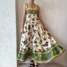 独立站女装2024夏季欧美新款气质优雅简约印花抹胸无袖吊带连衣裙