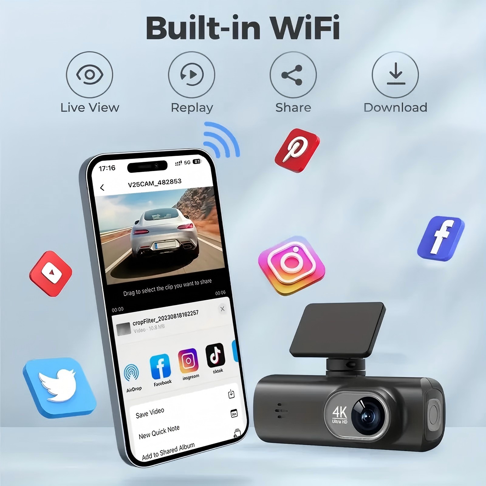 Cross-Border Popular V22 Ultra-High Definition 4K Lipstick Machine Driving Recorder Front and Rear Dual Recording Wifi/Gps Driving Trajectory