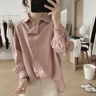 Irregular Shirt Women's Spring and Autum New Loose Large Size Slimming Look Short Front and Long Back Lantern Sleeve Cotton Long-Sleeved Top
