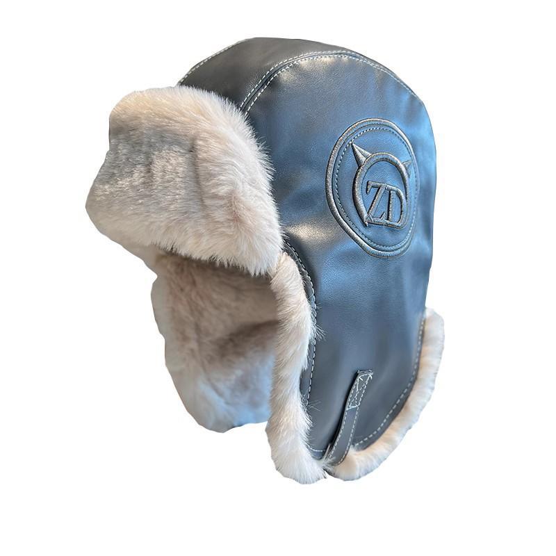 Lei Feng female, thick and warm PU leather plush outdoor skiing, cold ear protection flying hat, trendy male_voghion.com