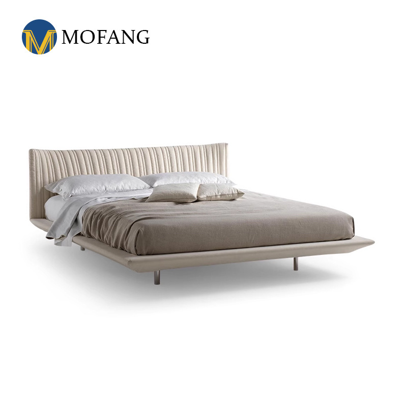 Italian Minimalist Floating Top-Grain Leather Bed Wabi-Sabi Style Modern Simple Master Bedroom Wedding Bed Double Luxurious Cream