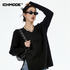 ICH MODE 美式黑色毛衣女春秋宽松内搭针织打底衫长袖慵懒风上衣