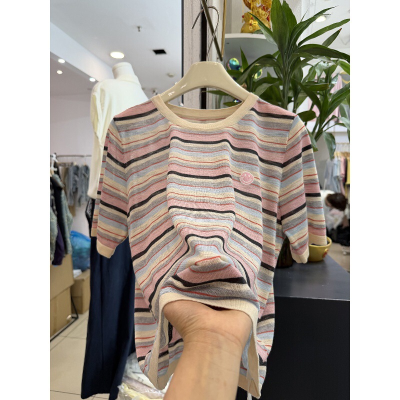 Colorful Striped Smiley Face Embroidered Round Neck Short-Sleeve Knit Top for Women, Summer Thin New Style, Loose and Stylish, Versatile and Slimming Top