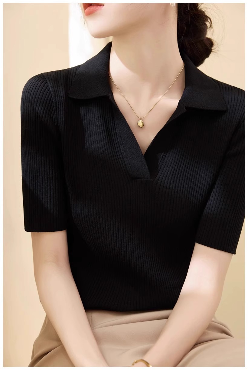 Áo thun dệt kim dáng ôm cổ chữ V nửa hở tay ngắn chất Lyocell Tencel mùa hè — Màu đen chi tiết 2