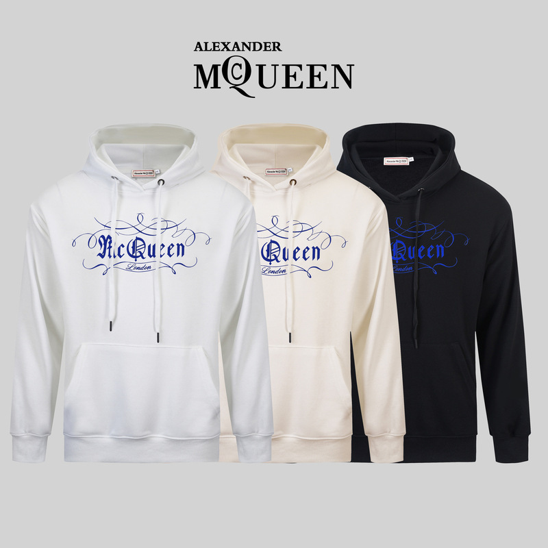 Autumn and Winter Mcqueen Hoodie New Trendy Brand Alexander Mcqueen Flocked Letter Print Hooded Sweatshirt for Men