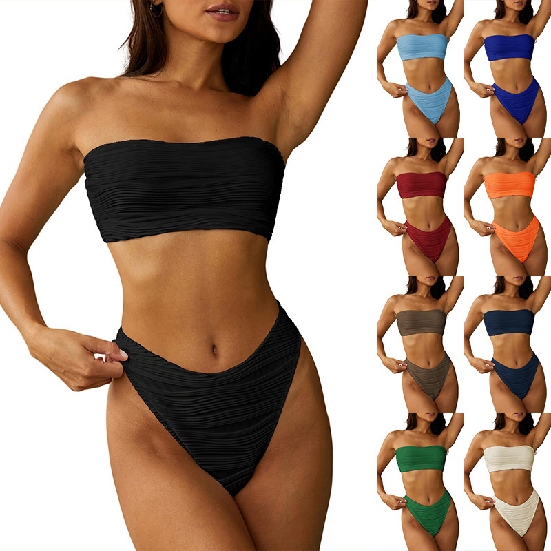 2026 Amazon Cross-Border Women's Textured Strapless Bikini 2-Piece Swimsuit Thick Face Solid Color Swimsuit 2026 Amazon Cross-Border Women's Textured Strapless Bikini 2-Piece Swimsuit Thick Face Solid Color Swimsuit