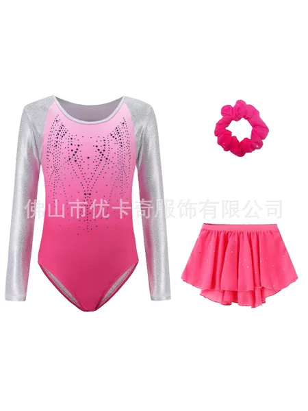 In-Stock Children's Gymnastics Leotard with Rhinestones, Girls' Ballet Practice Outfit with Tulle Skirt and Headpiece, Chinese Dance Examination Leotard, Dancewear