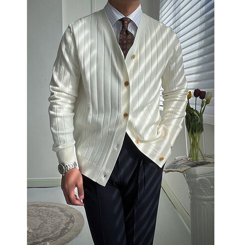 British Style Pure Color Slim Texture Thin Cardigan Knitted Fashion Simple Trendy Men's Stripesd V Neck Sweater Small Jacket