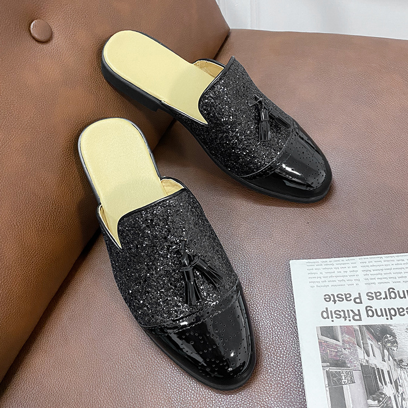 Sınır ötesi büyük boy 47 yaz yeni erkek rahat moda Baotou yarım sürükle Brogue ve renk uyumlu genç küçük deri ayakkabılar_voghion.com