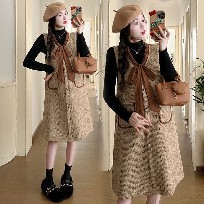 Maternity Wear for Outer Wear, Autumn and Winter Small Fragrant Collar Bow Tweed Dress, French Retro Belly-Covering Skirt