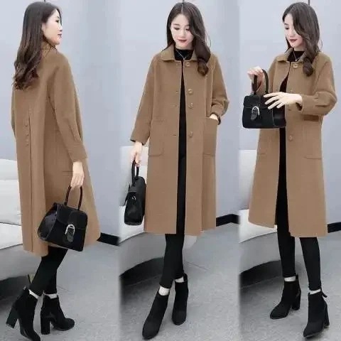 Women's Long Overcoat 2024 Korean Version Autumn and Winter Lantern Sleeve Woolen Outerwear Loose Wool Coat