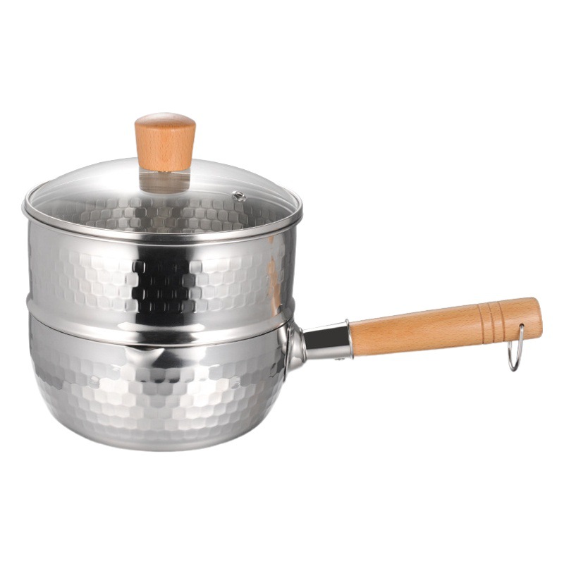 Sartén de nieve de acero inoxidable estilo japonés mango de madera suplemento de alimentos para bebés olla de leche olla comercial engrosada 430 olla de sopa sin recubrimiento