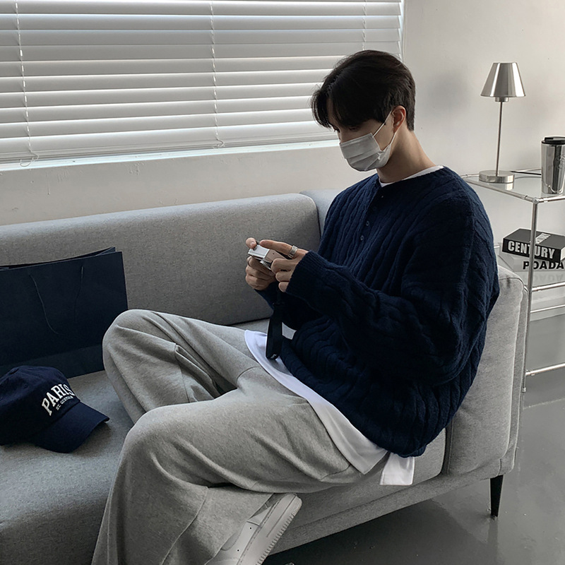 ASCLO极简亨利领麻花套头毛衣男秋冬慵懒保暖穿搭韩版宽松针织衫|undefined