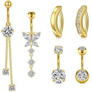 Amazon hot belly button ring stainless steel belly button nail combination butterfly zircon button personalized piercing jewelry