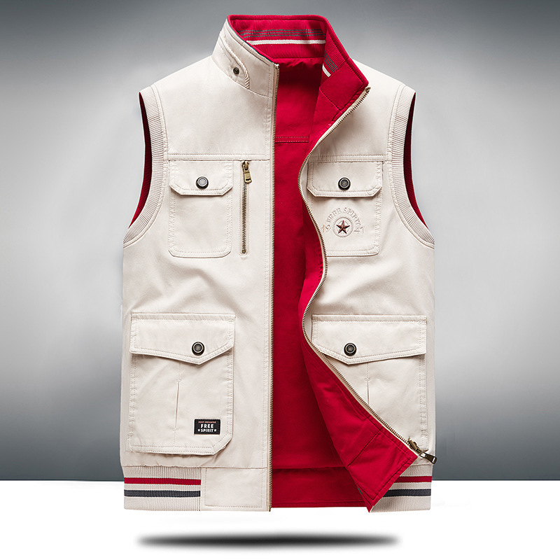 Outdoor Casual Vest Multi-Flap Pocket Pants Vest Spring & Fall Reversible Waistoutwear Middle-Aged and Elderly Men's Loose Cotton Sleeveless Jacket