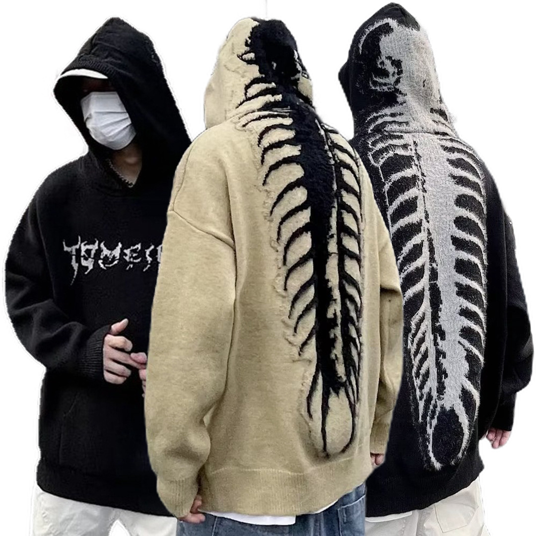 Explosiones transfronterizas de tamaño europeo de tamaño grande esqueleto jersey suéter hombre chaqueta encapuchada alta calle marca de moda fábrica de otoño y invierno al por mayor