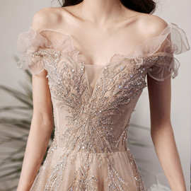 一字肩法式晚礼服女2025新款大合唱团演出服宴会晚礼服裙一件代发