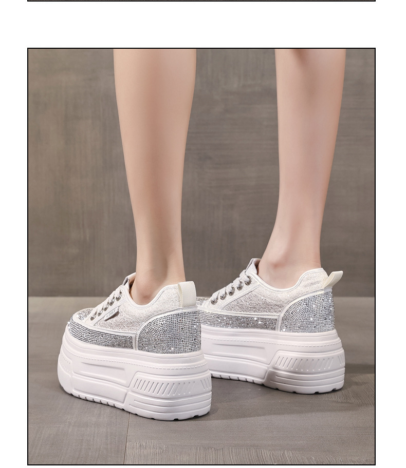 Giày sneaker nữ đế dày tăng chiều cao, phối đá rhinestone trắng, phong cách thể thao — màu trắng chi tiết 13