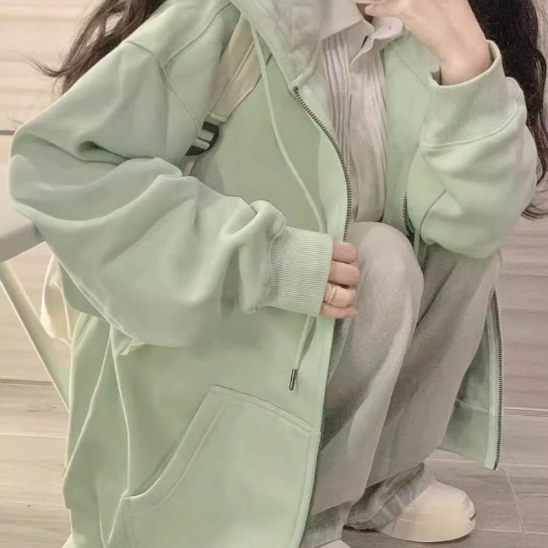 Solid Color Hooded Sweatshirt for Women Spring & Fall Oversize Thin Jacket Chic Loose Lazy Style Zipper Cardigan Top Solid Color Hooded Sweatshirt for Women Spring & Fall Oversize Thin Jacket Chic Loose Lazy Style Zipper Cardigan Top