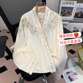 实拍   上衣v领重工刺绣飞机袖衬衫新中式国风衬衣