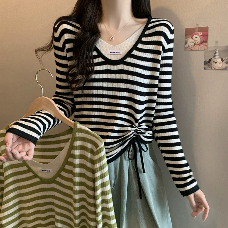 Autumn set, knitted long-sleeve, sweater, plus size, drawstring