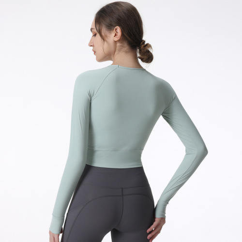 Yoga tops for women, long-sleeved chest pads, running training sports quick-drying tops, navel-baring tight-fitting fitness clothes, cross-border