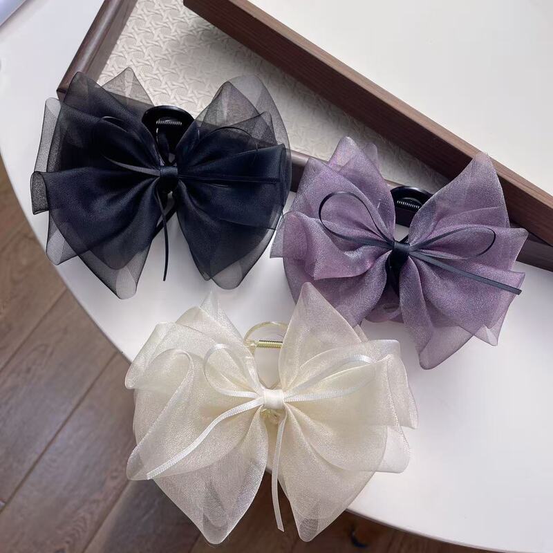 Korean-Style New Mesh Bow Hair Clip, Large Elegant Hairpin for Women, Back-Of-The-Head Shark Clip, Boutique Hair Accessory