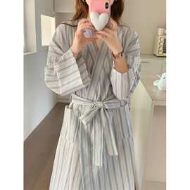 2023秋季新款睡袍女简约条纹宽松长袖睡衣浴袍家居服